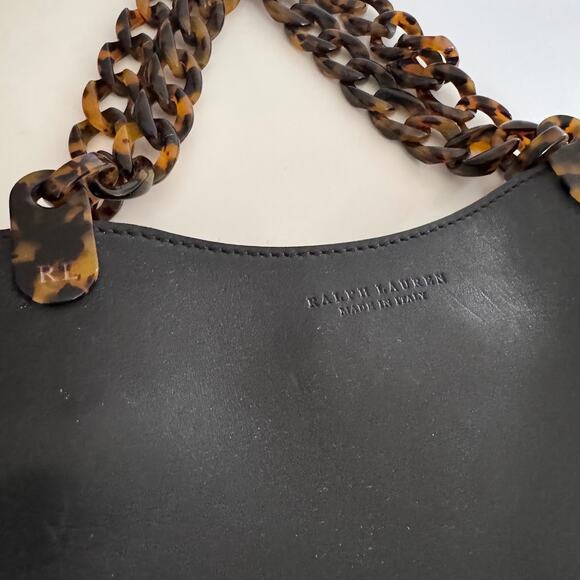 Ralph Lauren Black Leather Tortoise Chain Link Small Tote Bag Made in Italy - Picture 3 of 12